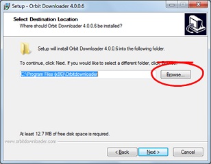 Tampilan memilih folder instalasi saat Proses instalasi Orbit Downloader (untuk mempercepat download)