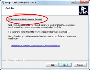 Tampilan pilihan instalasi Grab Pro untuk Internet Explorer (IE) saat Proses instalasi Orbit Downloader (untuk mempercepat download)