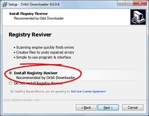 Tampilan pilihan instalasi Registry Reviver saat Proses instalasi Orbit Downloader 
