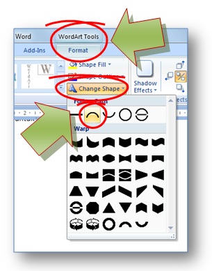 gambar toolbar shape wordart untuk memilih bentuk  lengkung