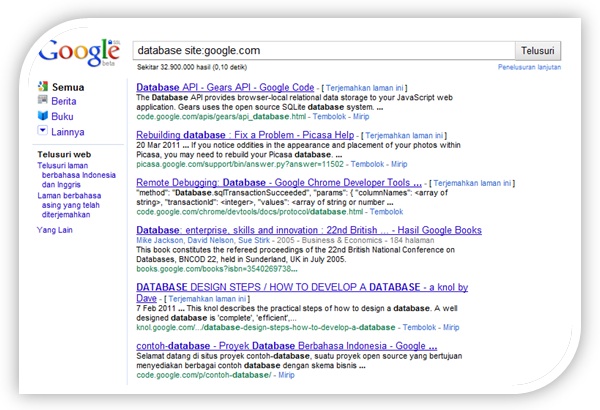 Trik Pencarian dengan Google: Contoh SERP untuk database di google.com