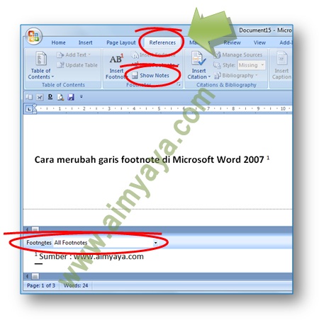 Gambar: Menggunakan window Footnote dalam cara merubah atau menghilangkan footnote di Microsoft Word