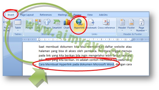 Gambar: Cara mengakses dan menggunakan tombol hyperlink di ribbon insert  Microsoft Word